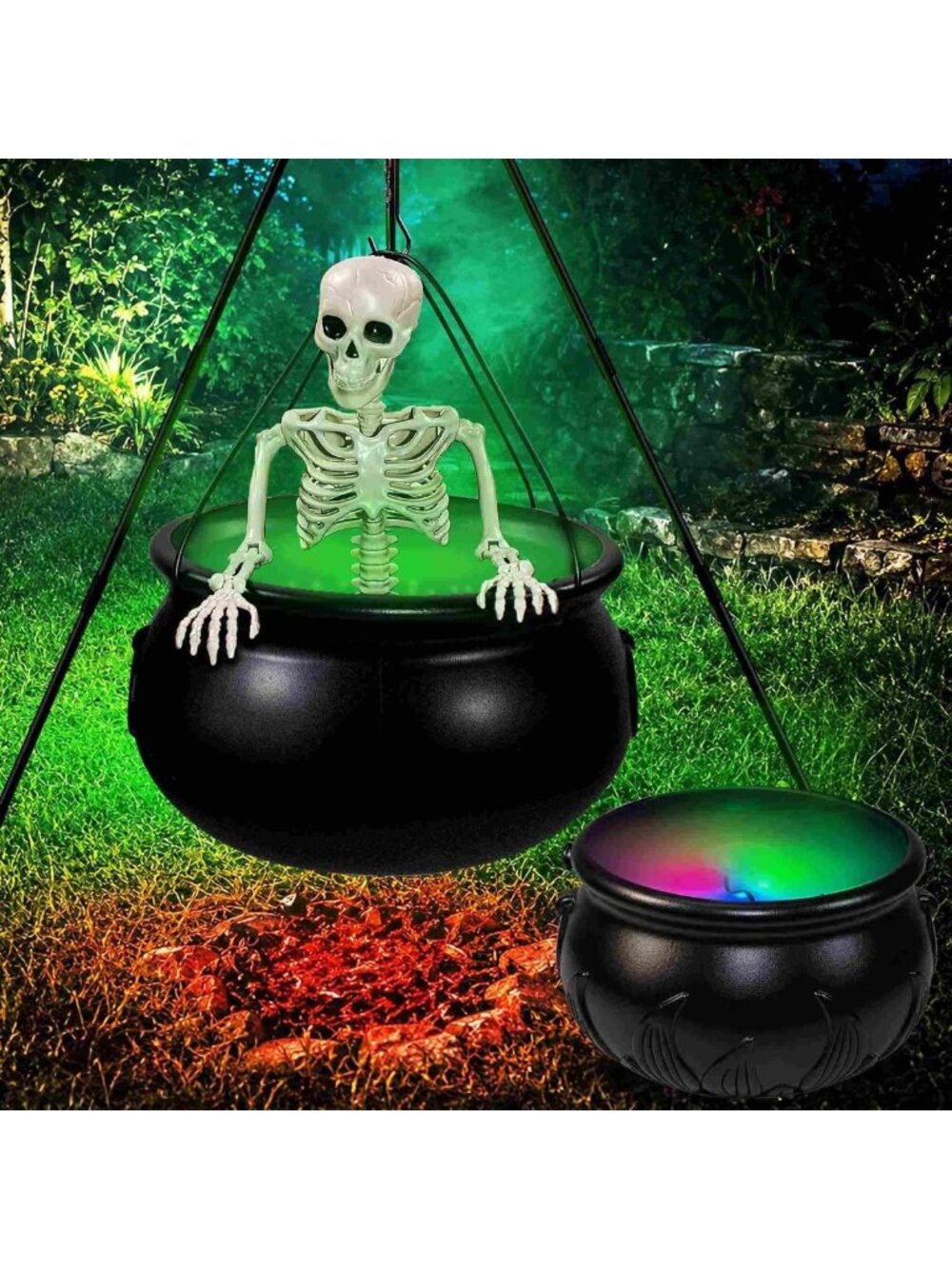 2 Pack Halloween Witches Cauldron Set with Fog Effect & Green Lights for Outdoor